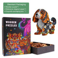 3D paper dachshund wooden jigsaw puzzle in packaging with reference diagram and box for mind games and focus.