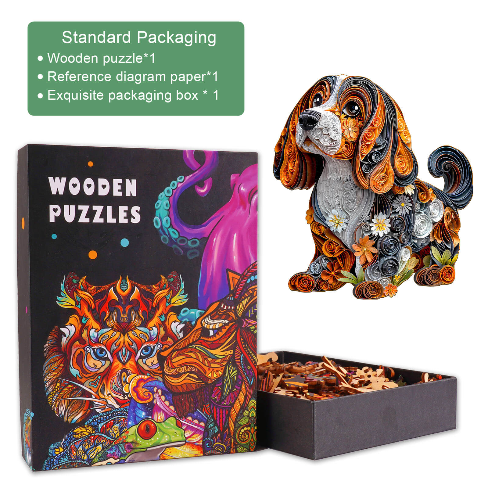 3D paper dachshund wooden jigsaw puzzle in packaging with reference diagram and box for mind games and focus.