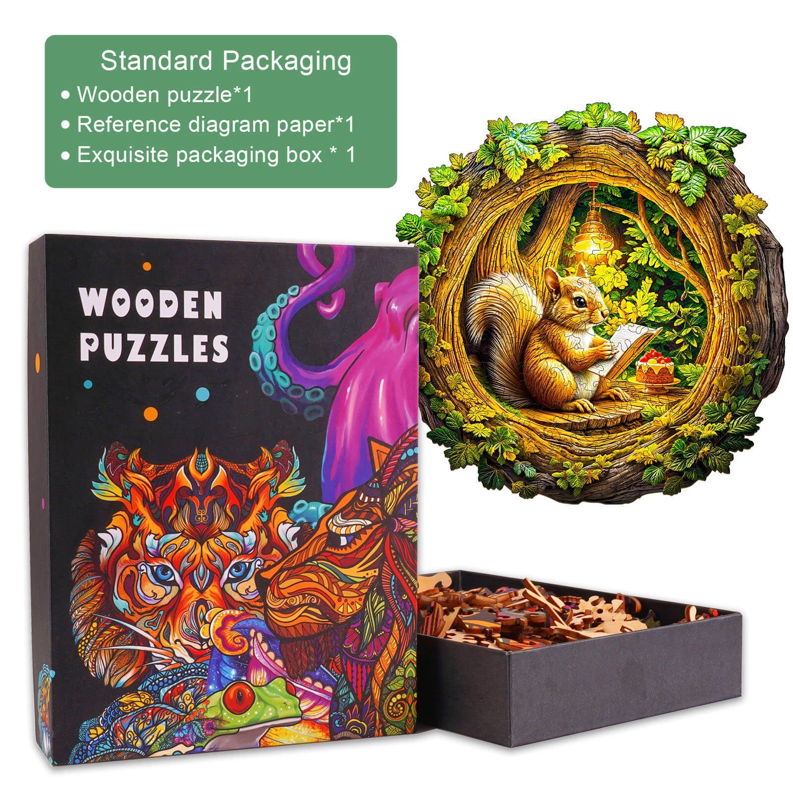 3D Squirrel in The Cave-2 wooden jigsaw puzzle with exquisite packaging and colorful box design.