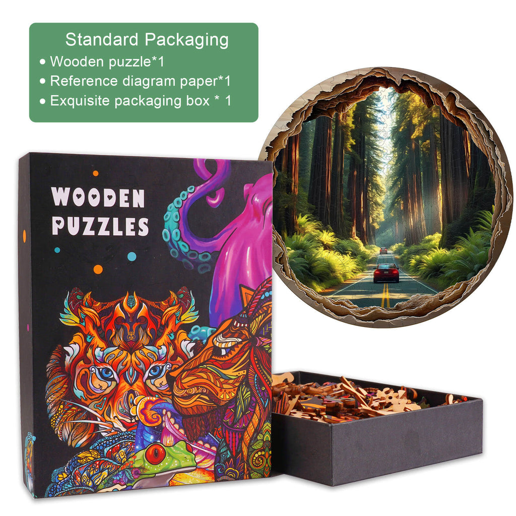 3D Redwood Forest wooden jigsaw puzzle packaging with vibrant design and pieces in a stylish black box, ideal for mind games.