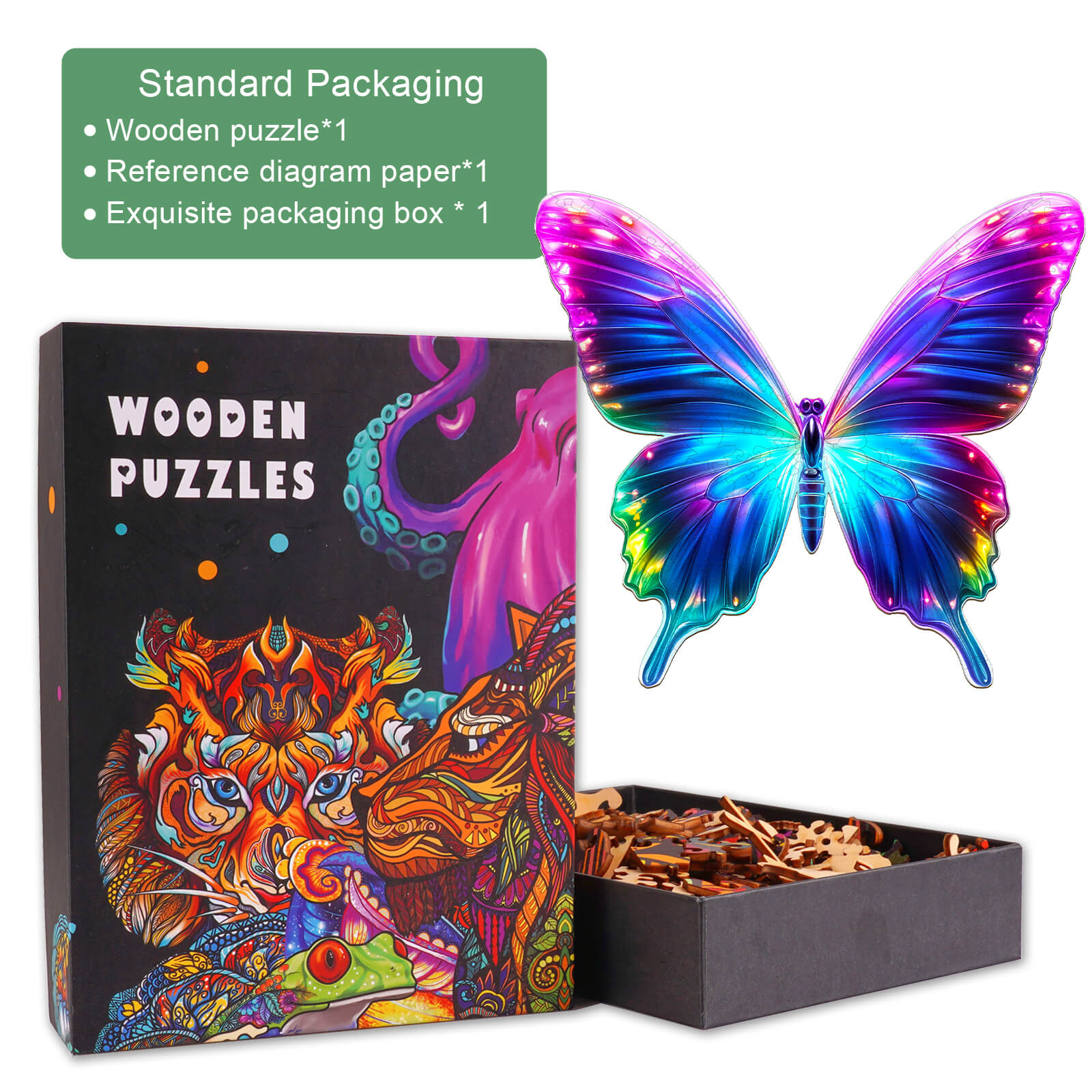 Fluorescent Butterfly Wooden Jigsaw Puzzle in an exquisite packaging box with vibrant butterfly illustration for mind games.