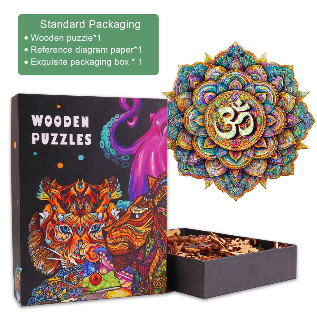 3D Mandala Wooden Jigsaw Puzzle with colorful packaging, intricate mandala design, and puzzle pieces.
