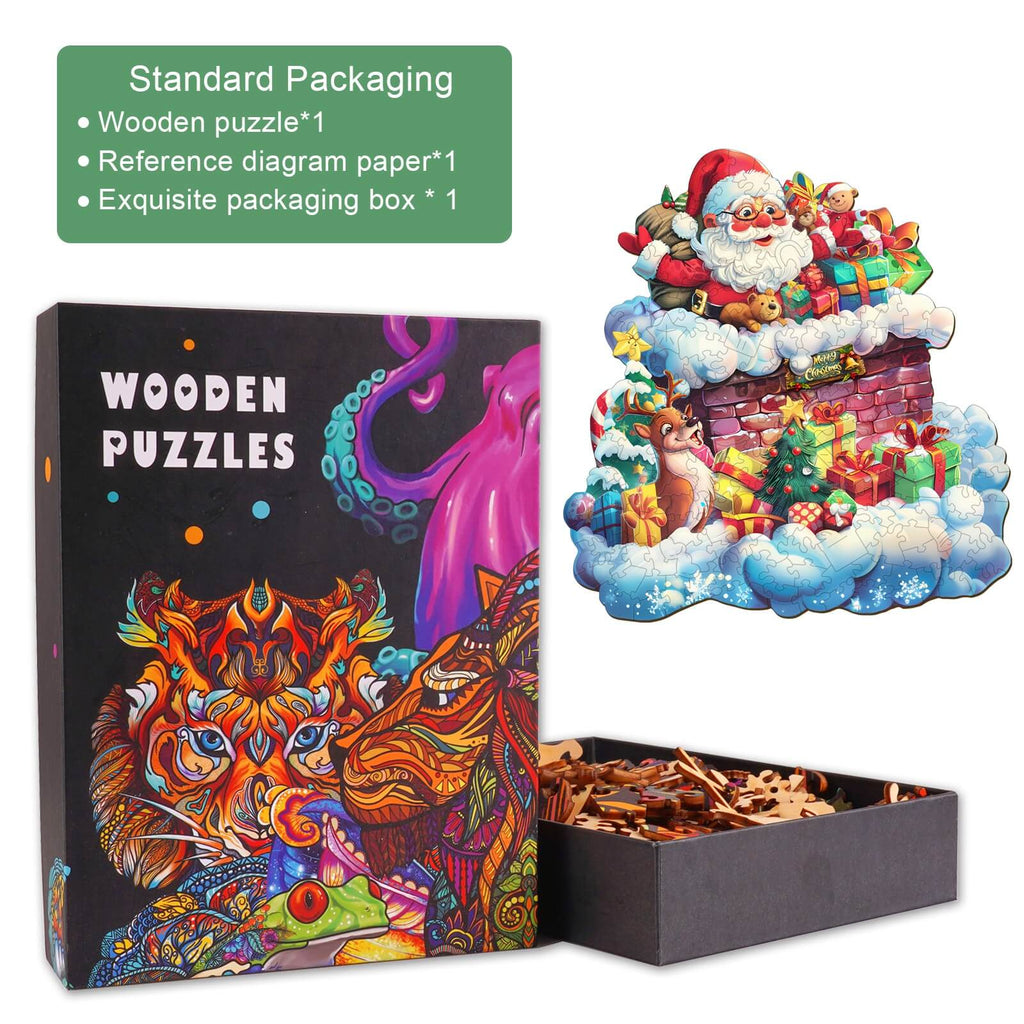 Santa Claus in the Chimney wooden jigsaw puzzle in packaging with colorful design and pieces displayed.