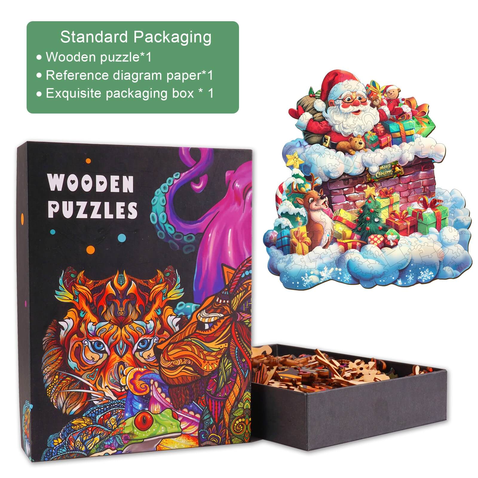 Santa Claus in the Chimney wooden jigsaw puzzle in packaging with colorful design and pieces displayed.