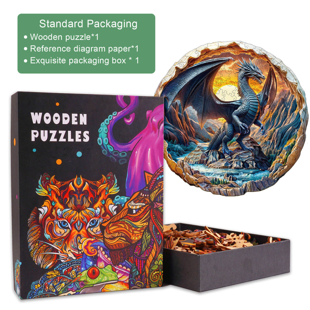 3D Dragon Wooden Jigsaw Puzzle kit featuring an exquisite box, colorful pieces, and a detailed dragon design.