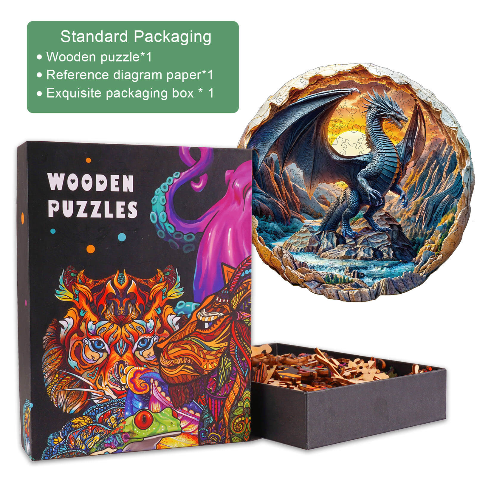 3D Dragon Wooden Jigsaw Puzzle kit featuring an exquisite box, colorful pieces, and a detailed dragon design.