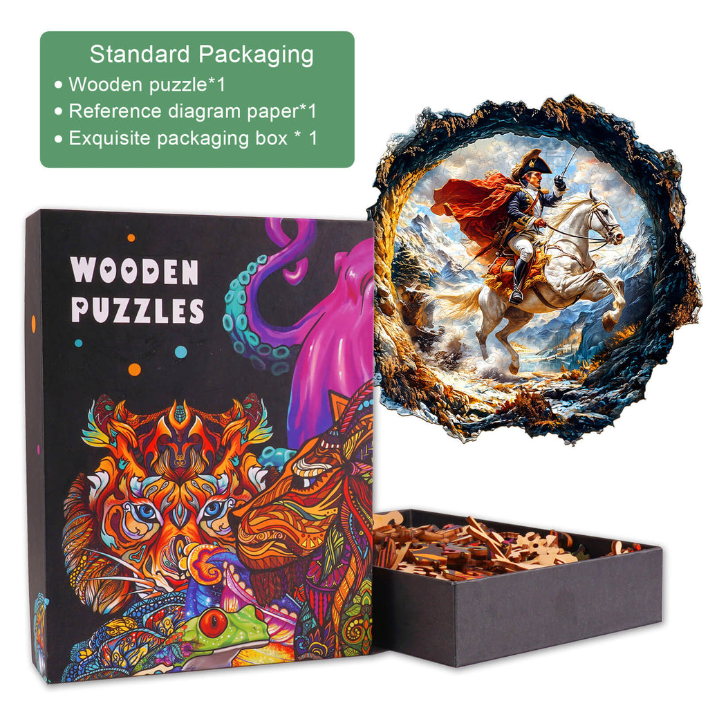 3D Napoleon Wooden Jigsaw Puzzle in box with intricate artwork, reference diagram, and pieces for engaging mind games.