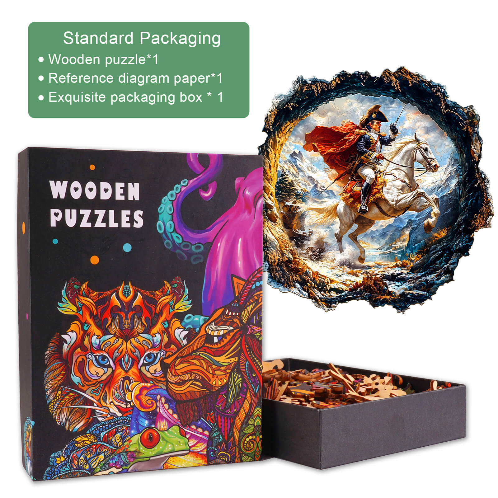 3D Napoleon Wooden Jigsaw Puzzle in box with intricate artwork, reference diagram, and pieces for engaging mind games.