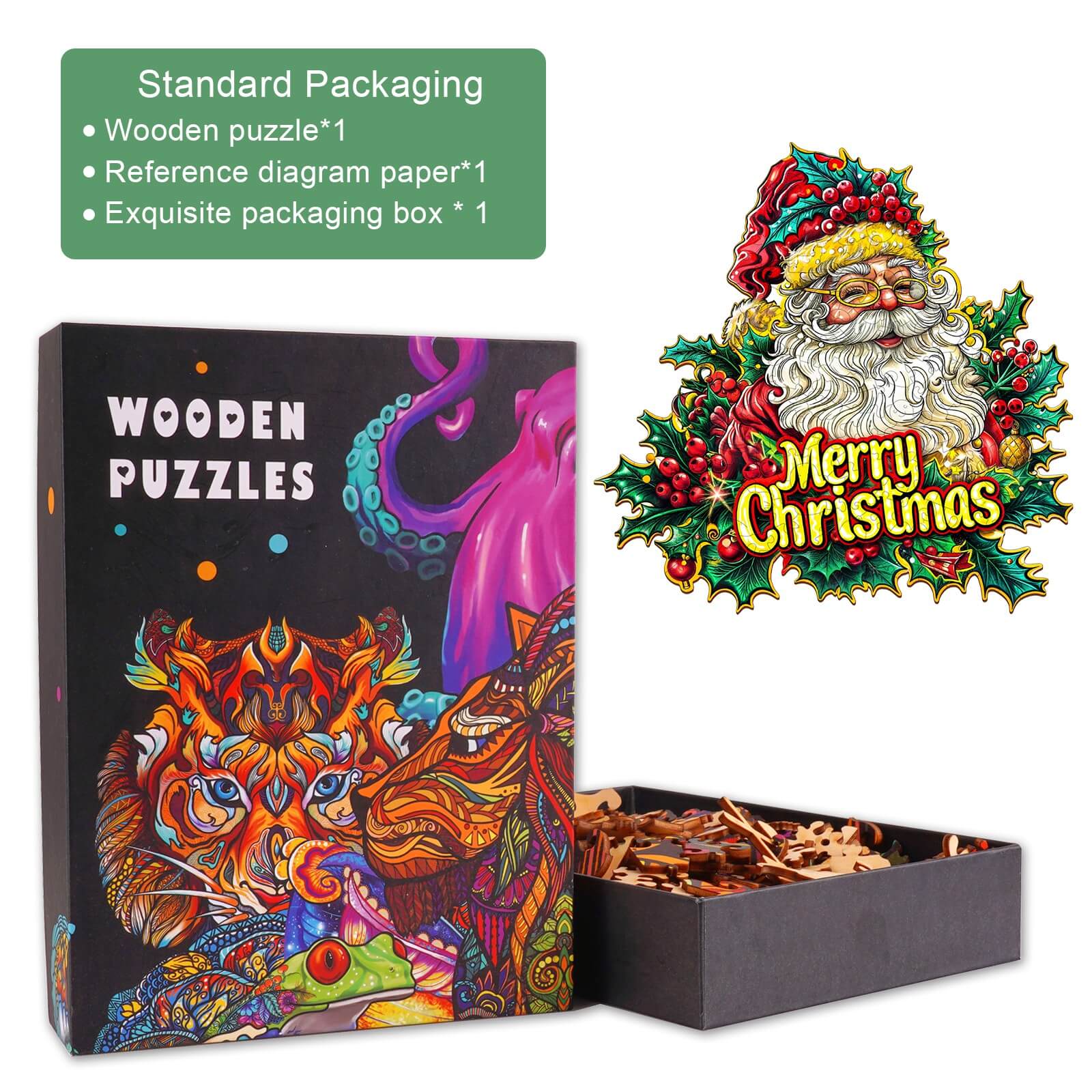 Merry Christmas-2 Wooden Jigsaw Puzzle in a colorful box with pieces, designed for brain engagement and focus.
