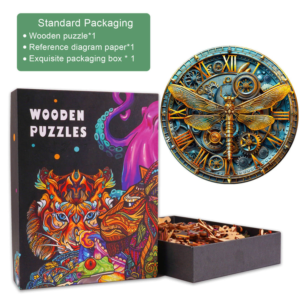 Mechanical Dragonfly Wooden Jigsaw Puzzle packaging with pieces and reference diagram for an engaging mind game.