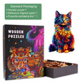 Colorful cat and artistic wooden puzzle packaging with pieces in a box, designed for puzzle enthusiasts and mind games.