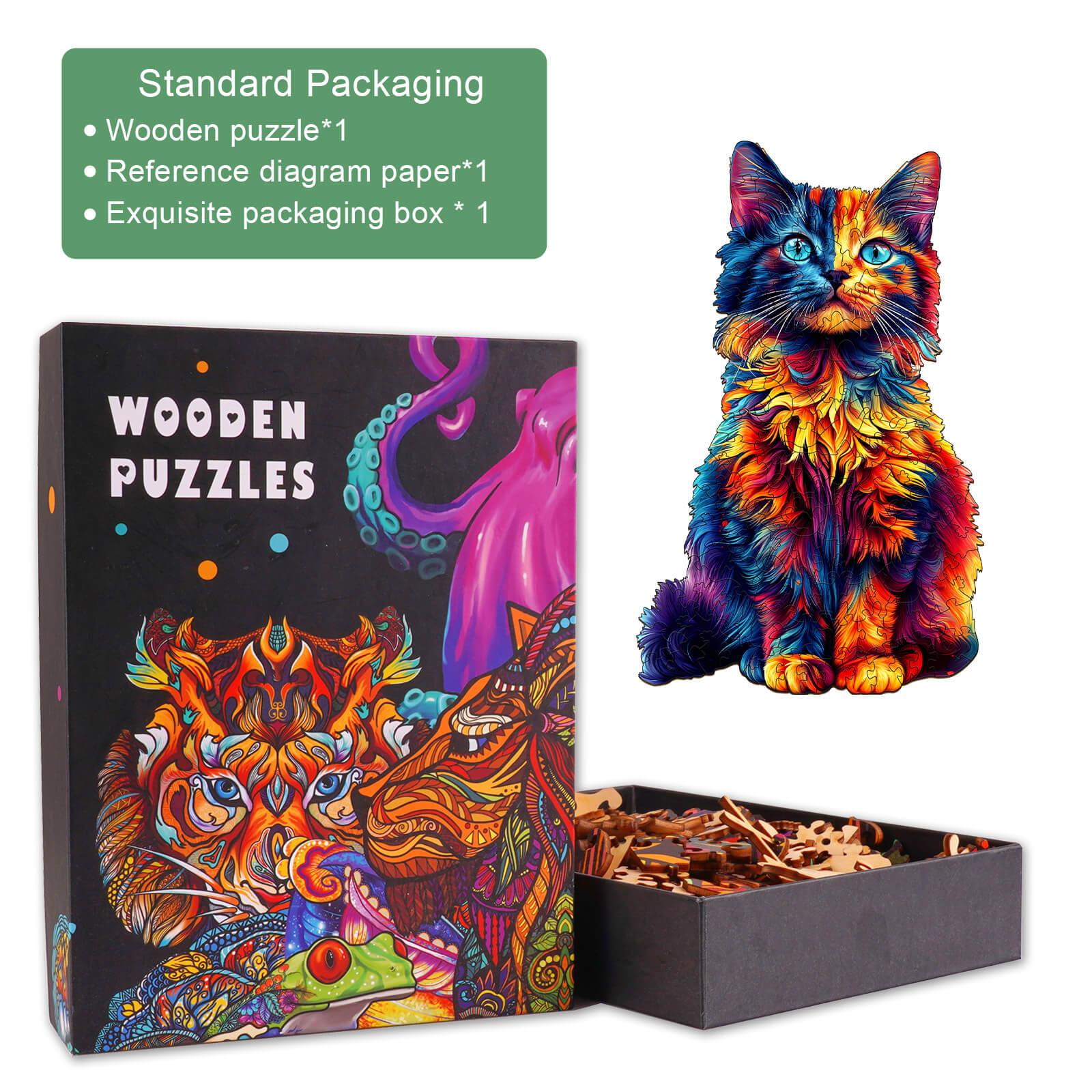 Colorful cat and artistic wooden puzzle packaging with pieces in a box, designed for puzzle enthusiasts and mind games.