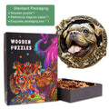 Wooden puzzle featuring a colorful box design, a dog sculpture, and included pieces for puzzle solving.