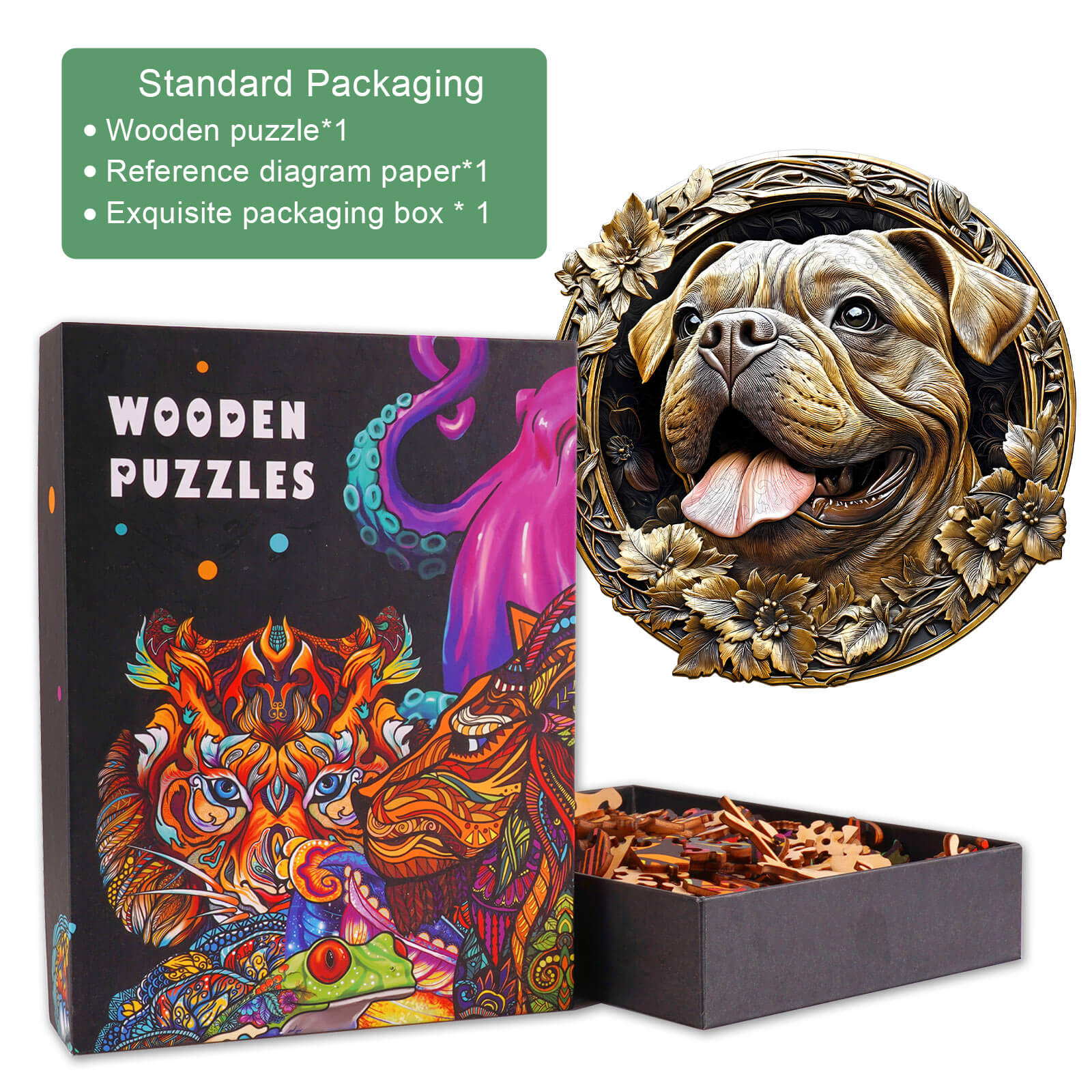 Wooden puzzle featuring a colorful box design, a dog sculpture, and included pieces for puzzle solving.