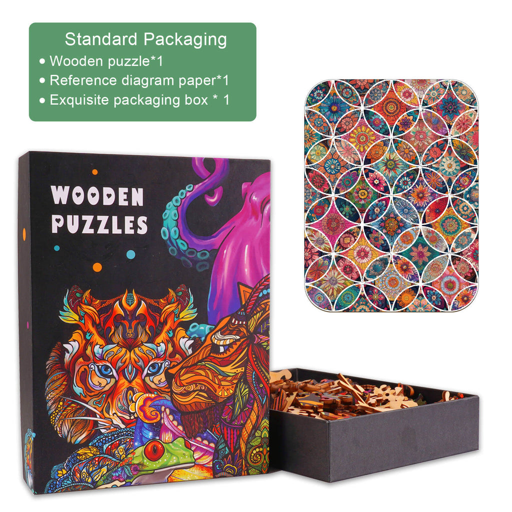 Floral Universe Wooden Jigsaw Puzzle packaging with vibrant artwork, includes puzzle pieces and reference diagram.