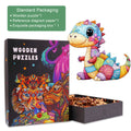Patchwork Dinosaur Wooden Jigsaw Puzzle in elegant packaging showcasing vibrant colors and pieces for brain development.