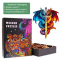 Dragon and Sword wooden jigsaw puzzle with colorful packaging and pieces displayed, perfect for mind games and focus.