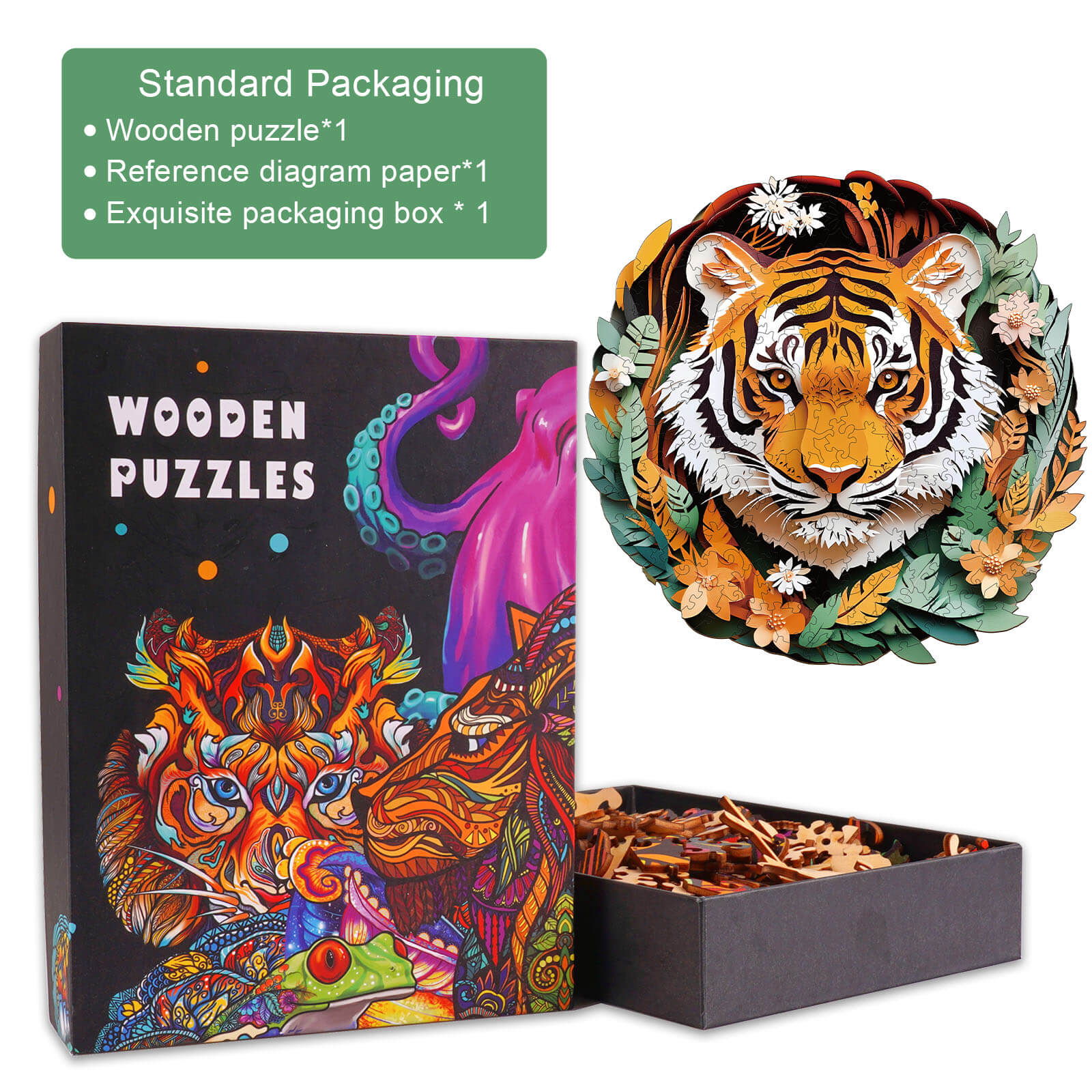 3D Tiger Wooden Puzzle with vibrant artwork, standard packaging includes reference paper and exquisitely designed box.
