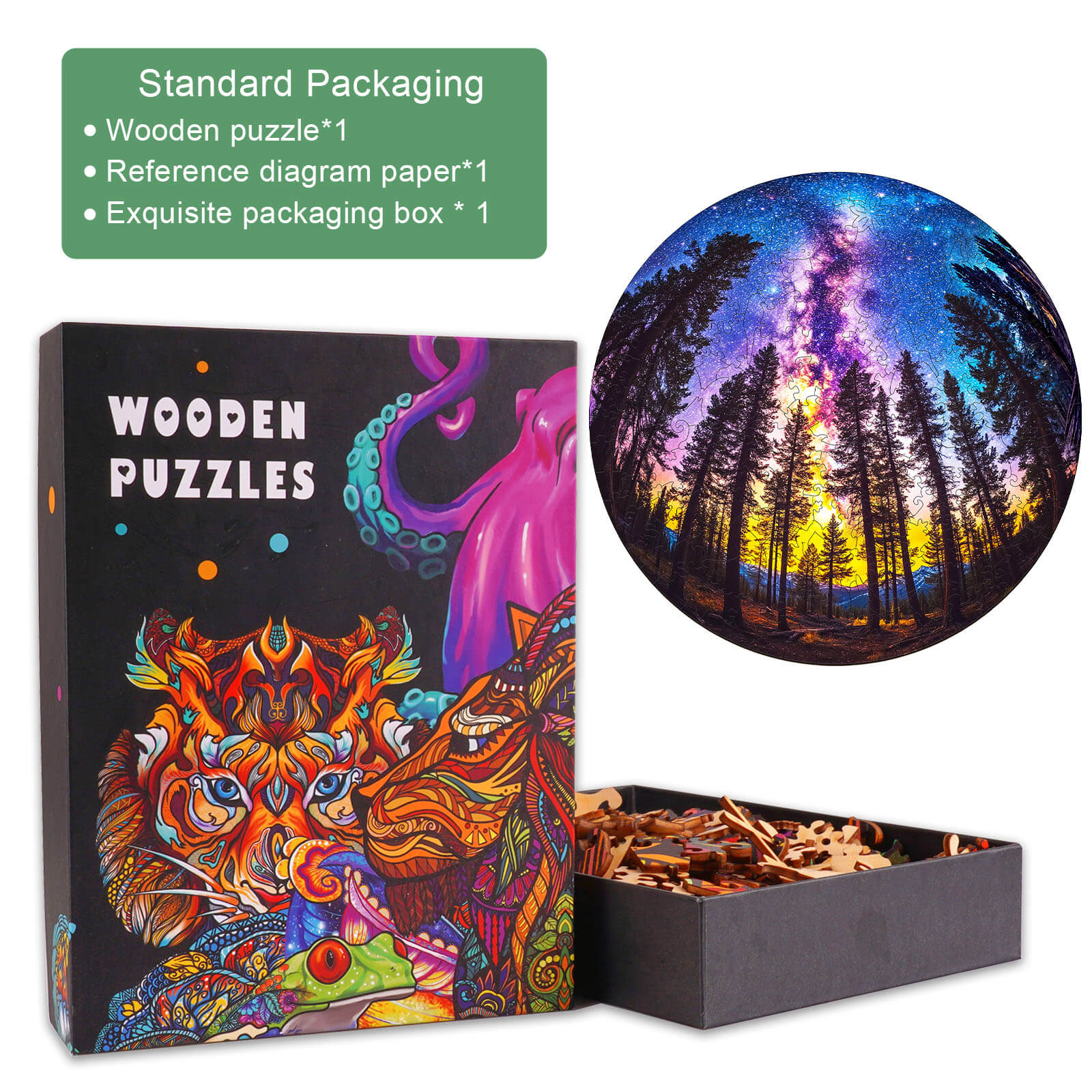 Galactic Forest-2 wooden jigsaw puzzle box featuring vibrant design and starry sky, perfect for mindful puzzle solving.