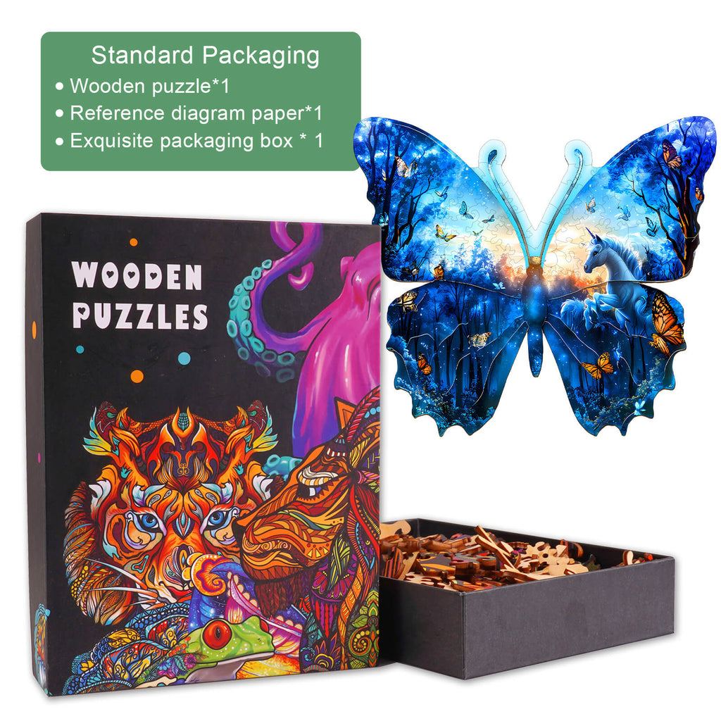 Butterfly Forest Wooden Jigsaw Puzzle featuring colorful butterfly design and intricate wooden pieces in a stylish box.