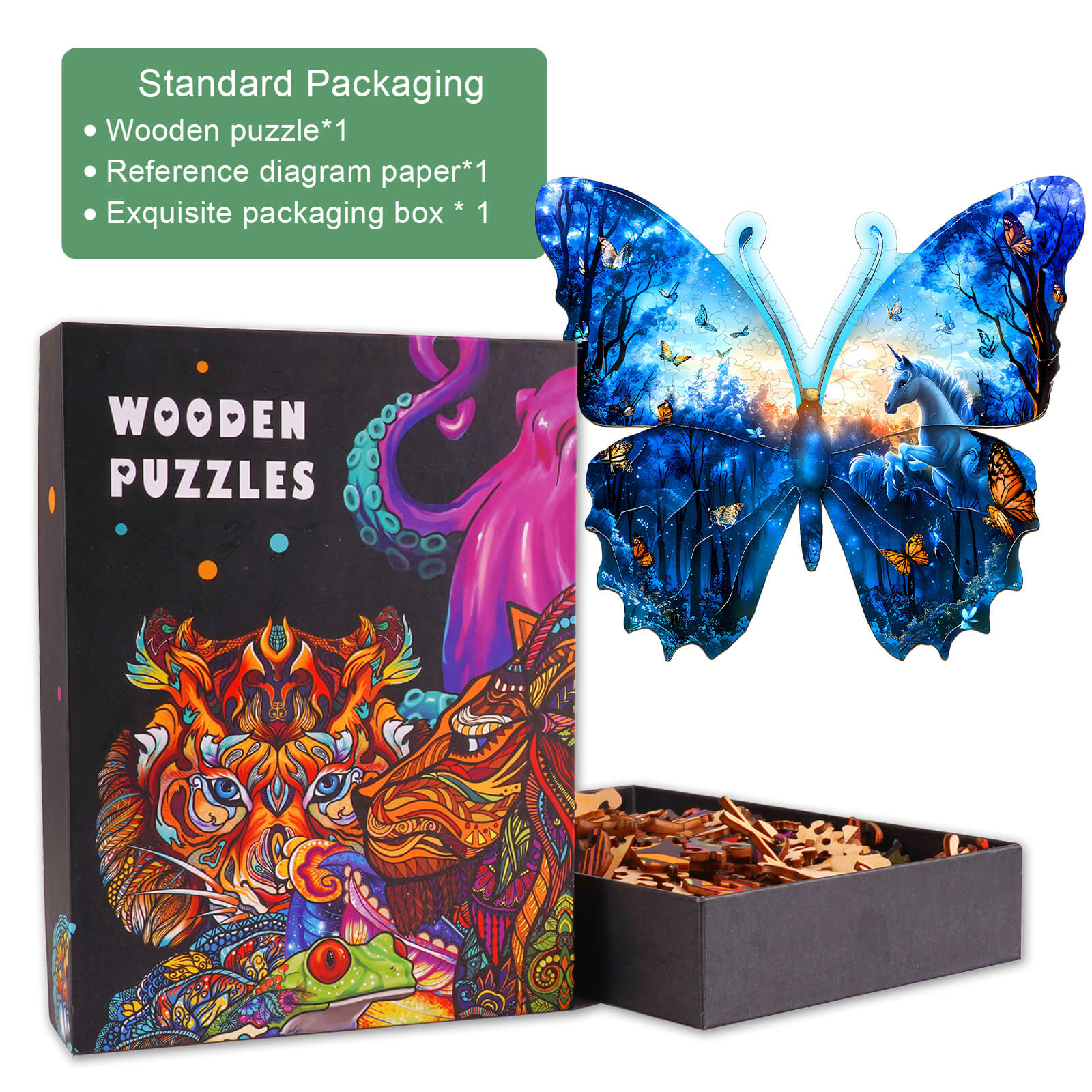 Butterfly Forest Wooden Jigsaw Puzzle featuring colorful butterfly design and intricate wooden pieces in a stylish box.