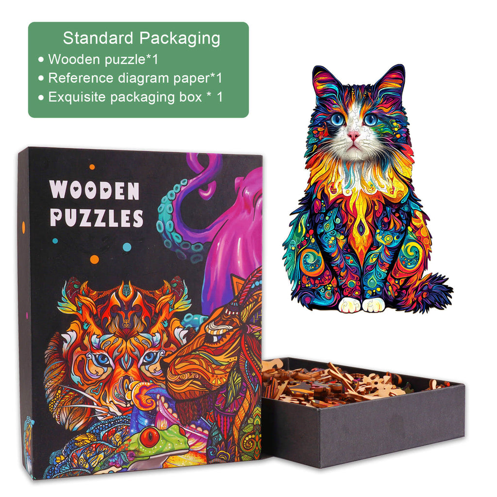 Colorful Ragdoll Cat wooden jigsaw puzzle with exquisite packaging, perfect for puzzle lovers and brain games.
