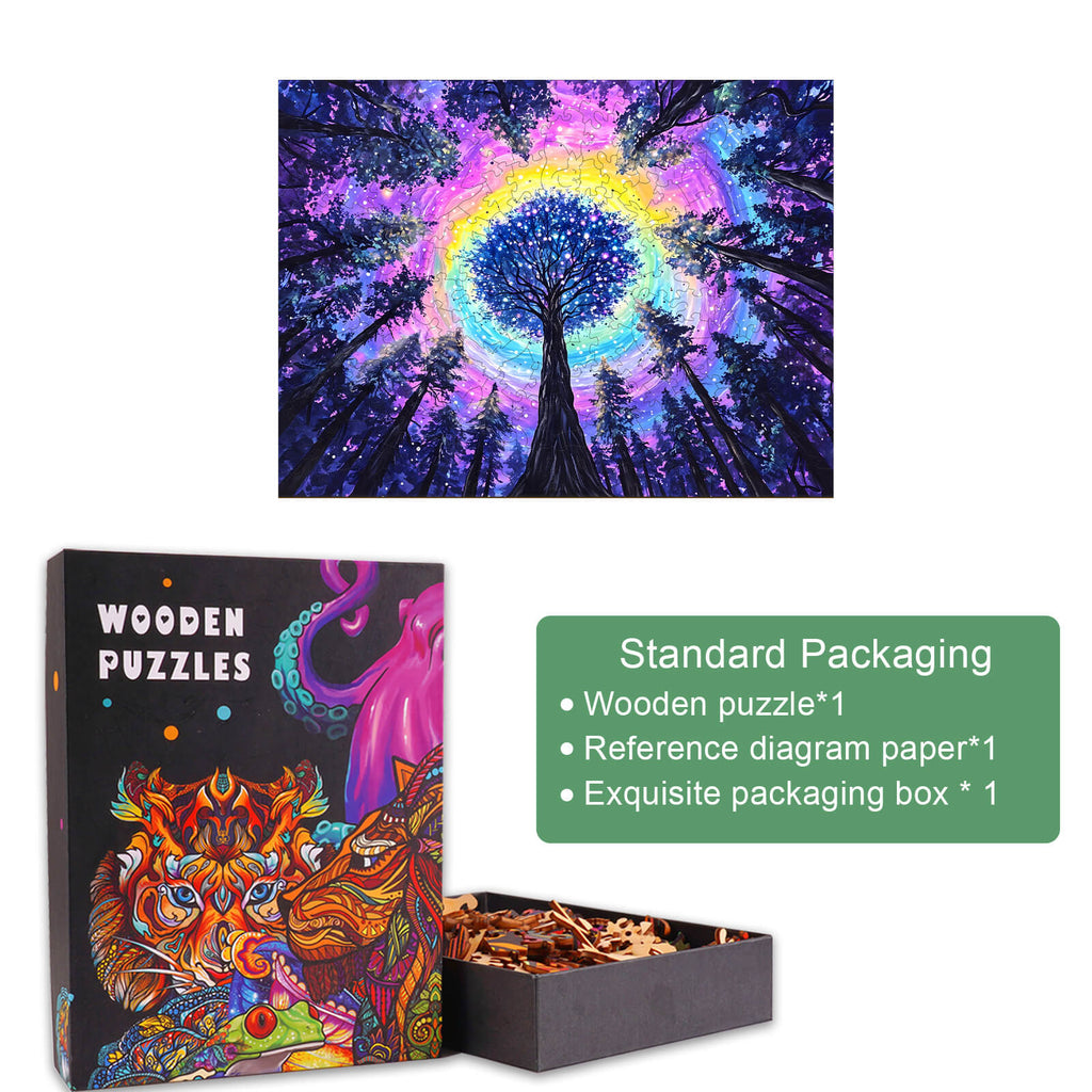 Colorful gradient wooden jigsaw puzzle with vibrant design and exquisite packaging, perfect for mind games and exploration.