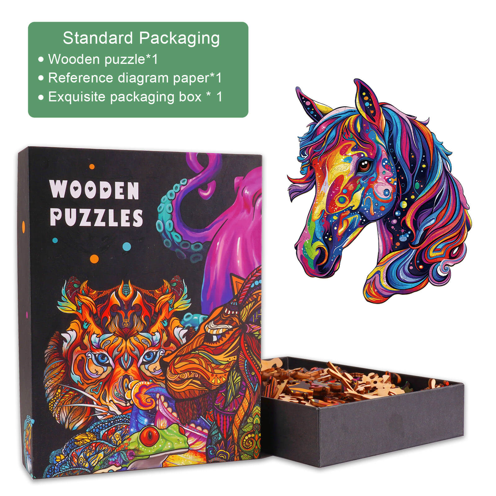 Colorful horse wooden jigsaw puzzle with vibrant box design and premium packaging, ideal for brain exercises and focus.