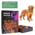 Handsome Golden Retriever wooden jigsaw puzzle in colorful box with puzzle pieces, great for mind games and concentration.