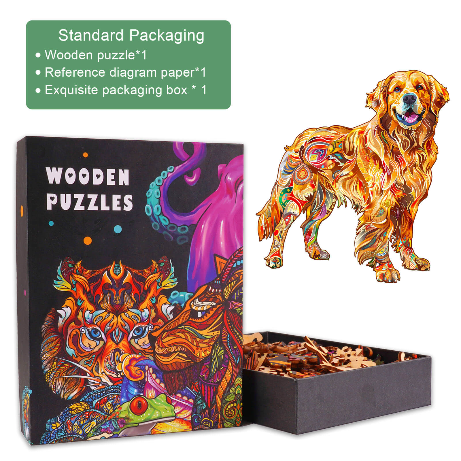 Handsome Golden Retriever wooden jigsaw puzzle in colorful box with puzzle pieces, great for mind games and concentration.