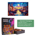 Stained Glass Starry Night Wooden Jigsaw Puzzle with vibrant art and packaging details for puzzle enthusiasts.