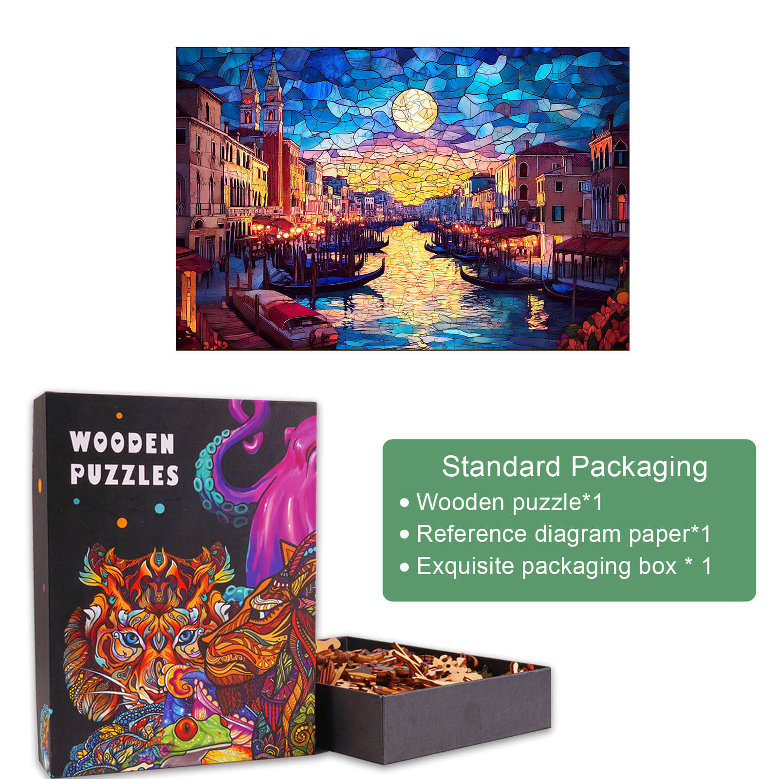 Stained Glass Starry Night Wooden Jigsaw Puzzle with vibrant art and packaging details for puzzle enthusiasts.