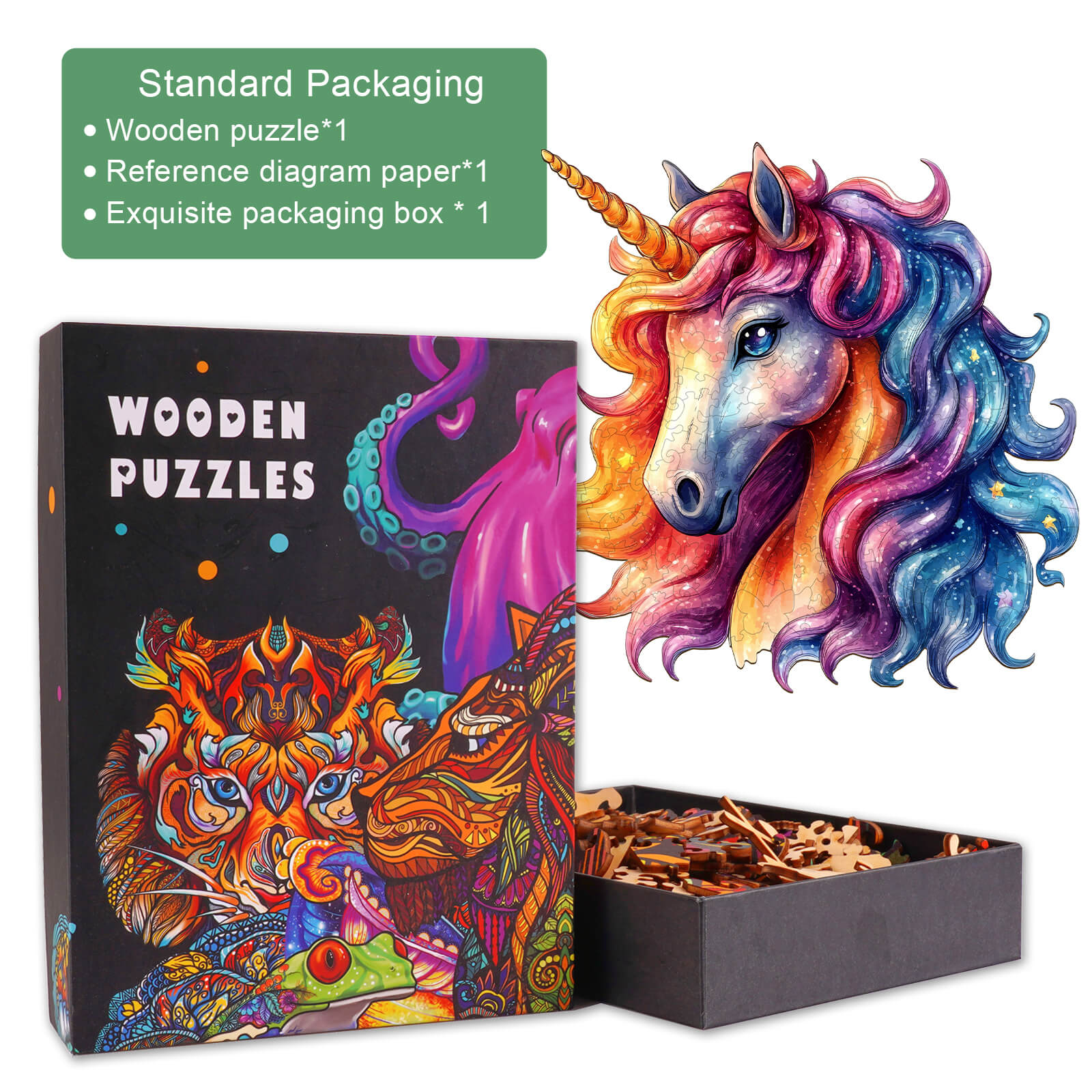 EUDEMONS Flash wooden jigsaw puzzle featuring colorful unicorn design in exquisite packaging for mind games and focus.