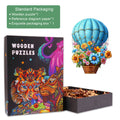 Colorful Flying Flowers wooden jigsaw puzzle packaging with components and a hot air balloon illustration.