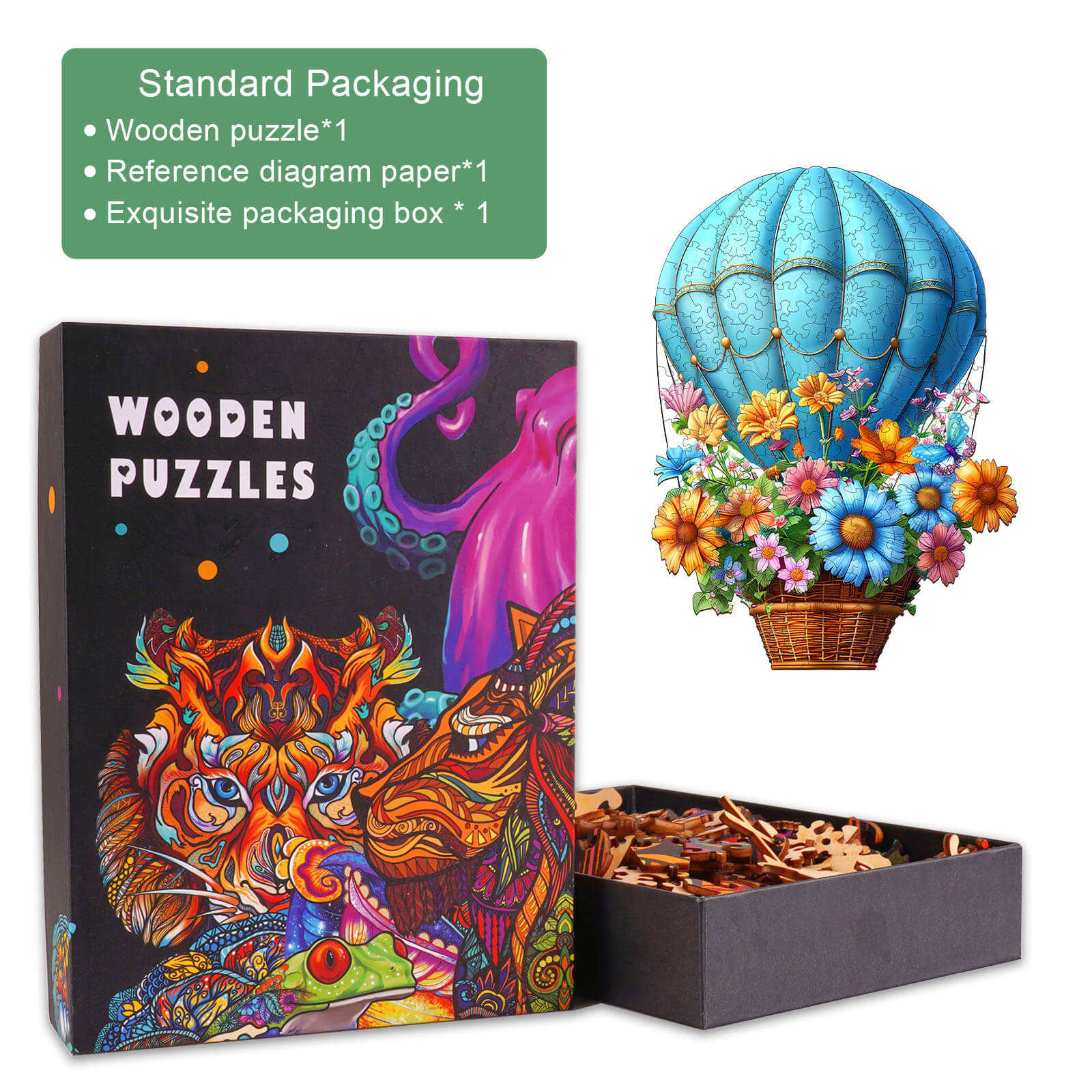 Colorful Flying Flowers wooden jigsaw puzzle packaging with components and a hot air balloon illustration.