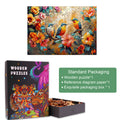 Hummingbird Garden wooden jigsaw puzzle in colorful floral design, with standard packaging and reference paper.