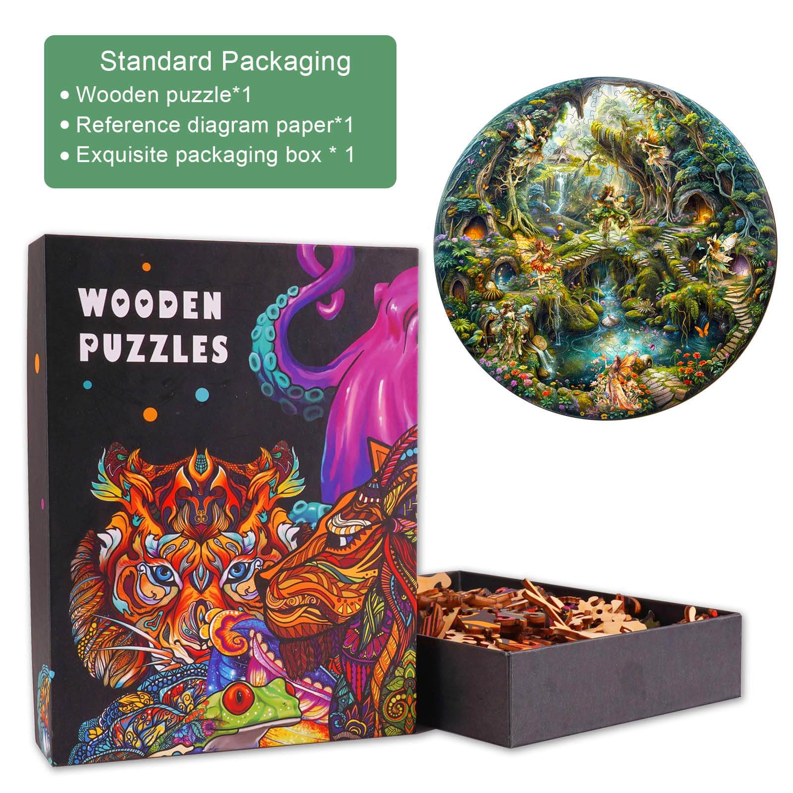 Fairies with Cave wooden jigsaw puzzle packaging showing colorful design and puzzle pieces for a mind-stimulating experience.
