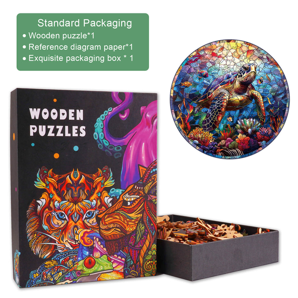 Colorful Stained Glass Turtle Wooden Jigsaw Puzzle with packaging and reference diagram for mind games.