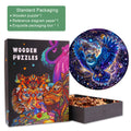 Galaxy Owl-1 Wooden Jigsaw Puzzle box and pieces, featuring vibrant owl design and packaging details.