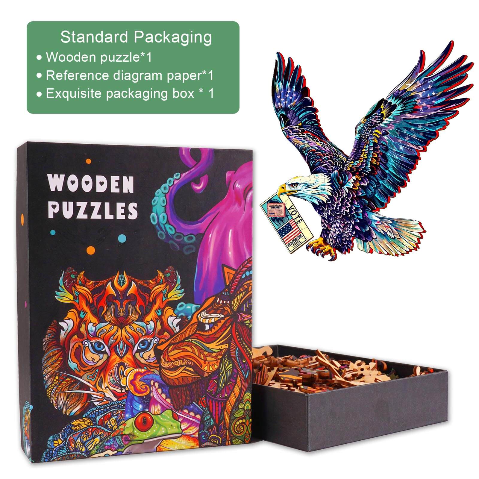 Bald Eagle's Vote jigsaw puzzle in a colorful box, featuring a detailed eagle design for engaging puzzle-solving.