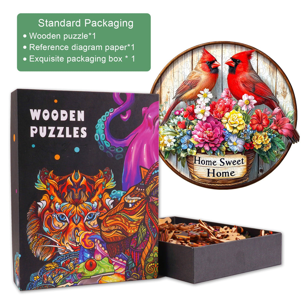 Sweet Home Wooden Jigsaw Puzzle packaging, colorful design, includes wooden pieces and reference diagram for puzzle enthusiasts.