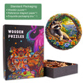 3D Raccoon Bliss Wooden Jigsaw Puzzle with colorful packaging, puzzle pieces, and raccoon design. Perfect for mind games.