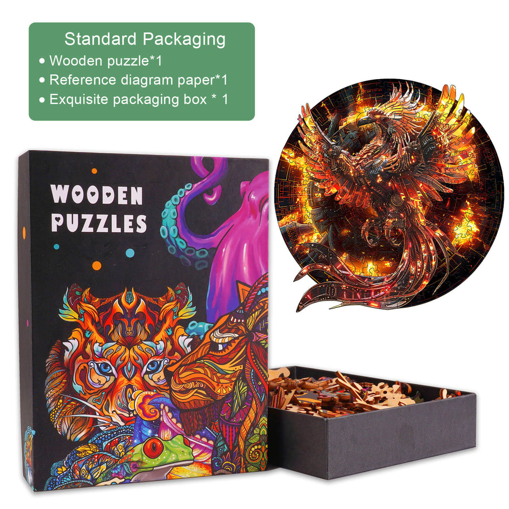 Mechanical Phoenix wooden jigsaw puzzle in packaging with reference diagram, showcasing intricate design and premium box.