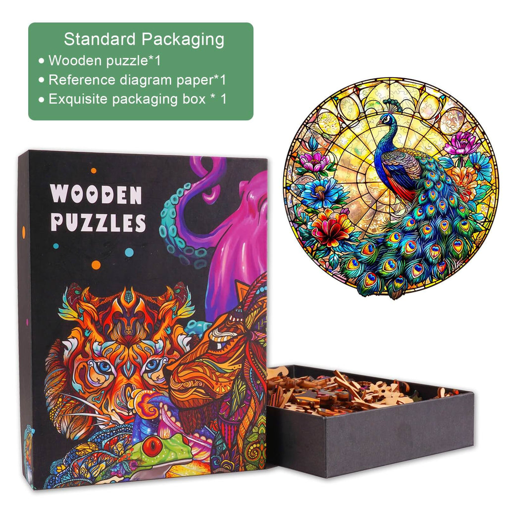 Peacock King wooden jigsaw puzzle with colorful design, exquisite packaging, and pieces in a box for focused mind games.