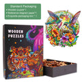 Hummingbird Haven wooden jigsaw puzzle packaging with vibrant artwork and puzzle pieces inside a box.