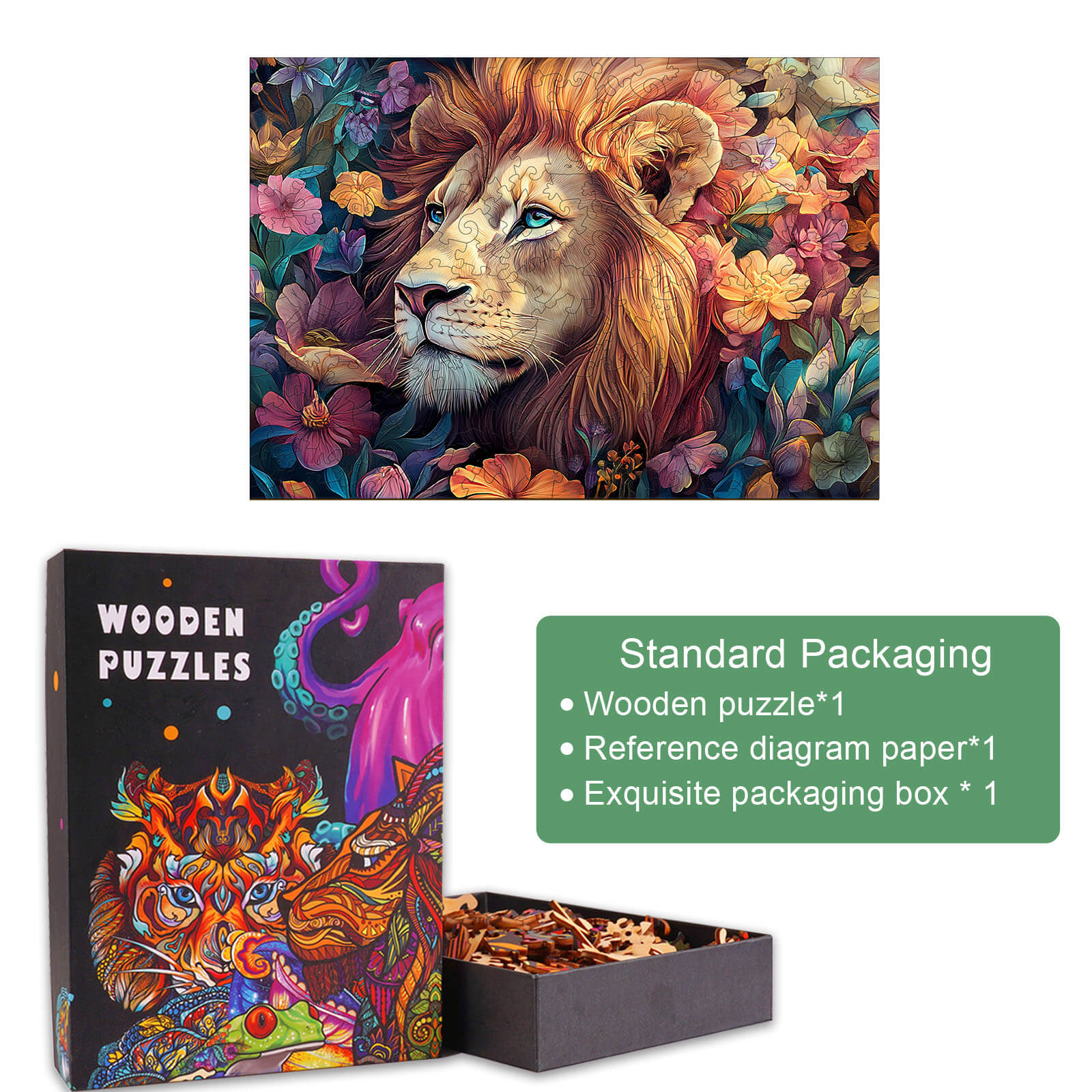 Blossom-Kissed Lion-1 wooden jigsaw puzzle in vibrant colors, featuring exquisite packaging and contents.
