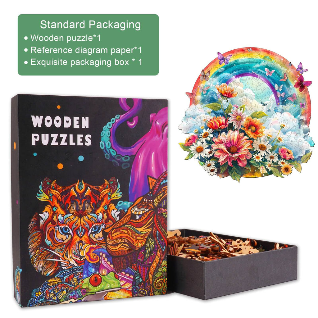 Rainbow and Flowers Wooden Jigsaw Puzzle in exquisite packaging with colorful wooden pieces, ideal for enhancing focus and cognitive skills.