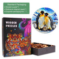 Penguin family wooden jigsaw puzzle packaging with vibrant graphics and puzzle pieces inside a box.