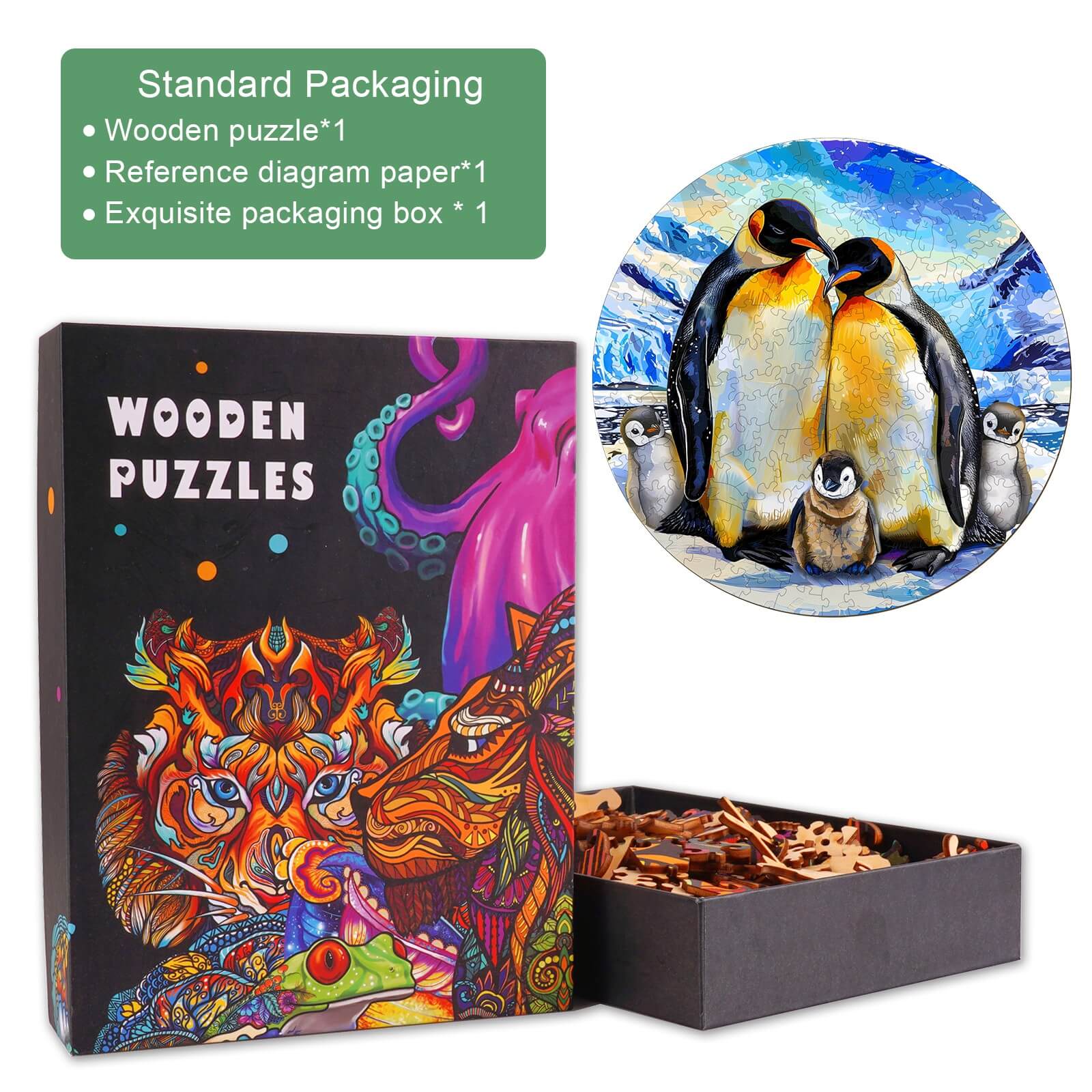 Penguin family wooden jigsaw puzzle packaging with vibrant graphics and puzzle pieces inside a box.