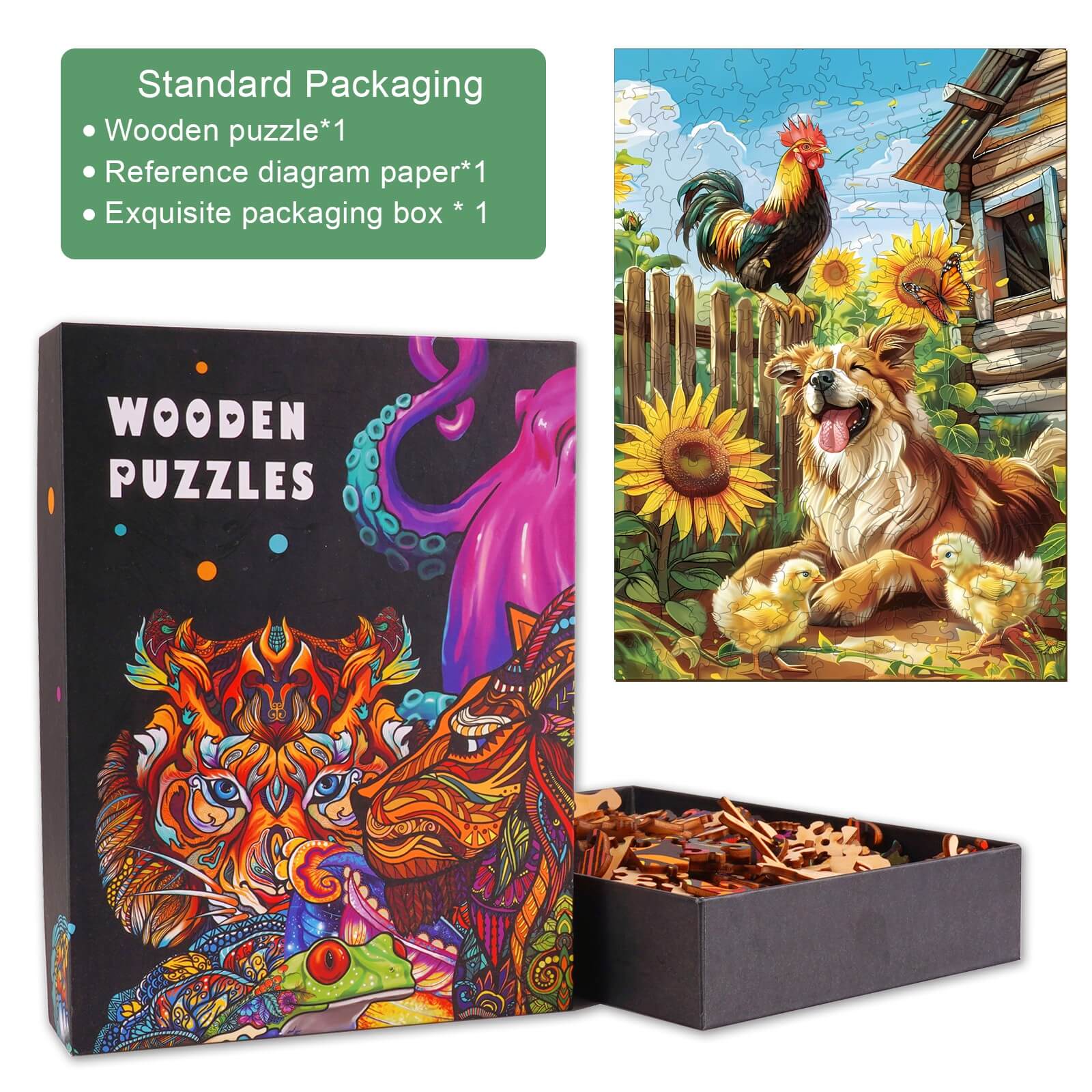 Summer Farm Wooden Jigsaw Puzzle in packaging with a colorful design, featuring a dog and farm scene.